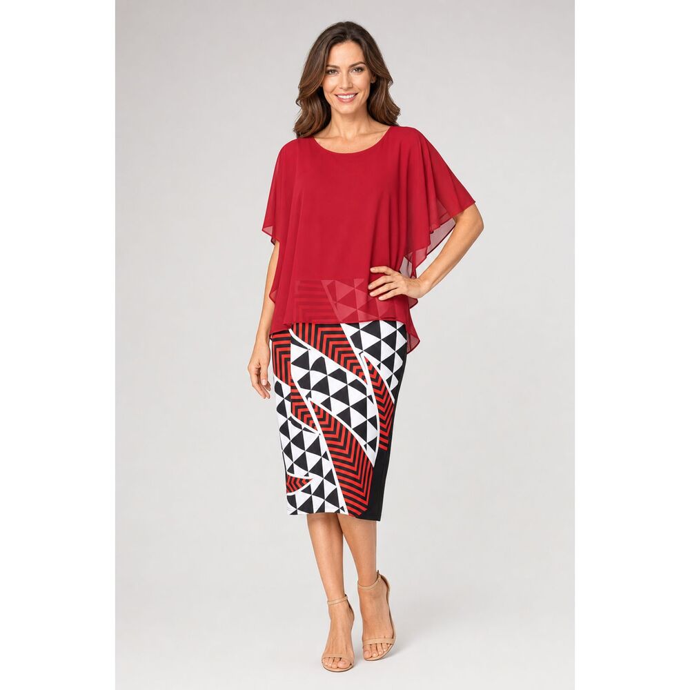 Women's L Red Chiffon Cape Top Geometric Print Stretch Bodycon Sheath Dress